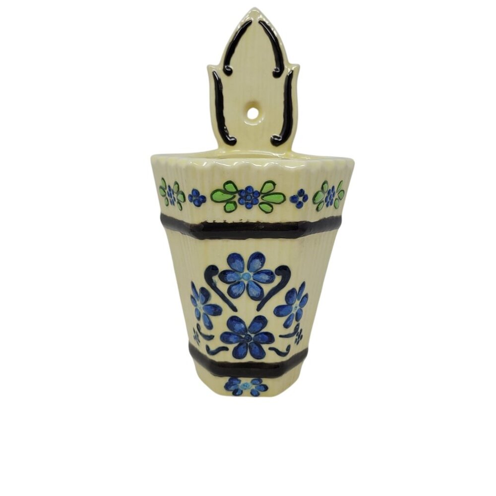 Vintage Wall Pocket Planter by Atlantic Mold 10"x5" Blue Green Flowers Chips